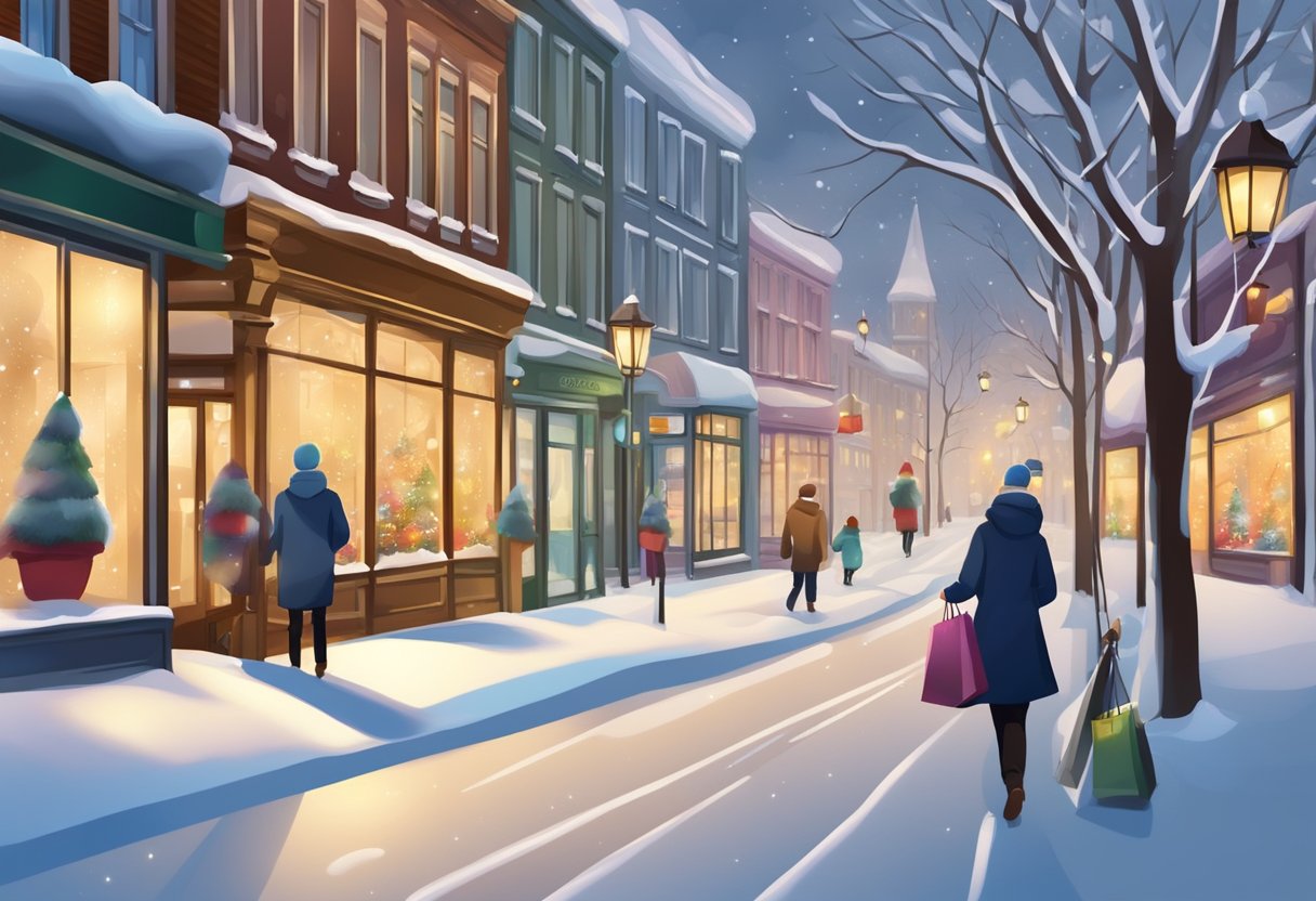 Snow-covered streets lined with festive decorations. Store windows display winter sales and promotions. Shoppers carry bags filled with holiday gifts