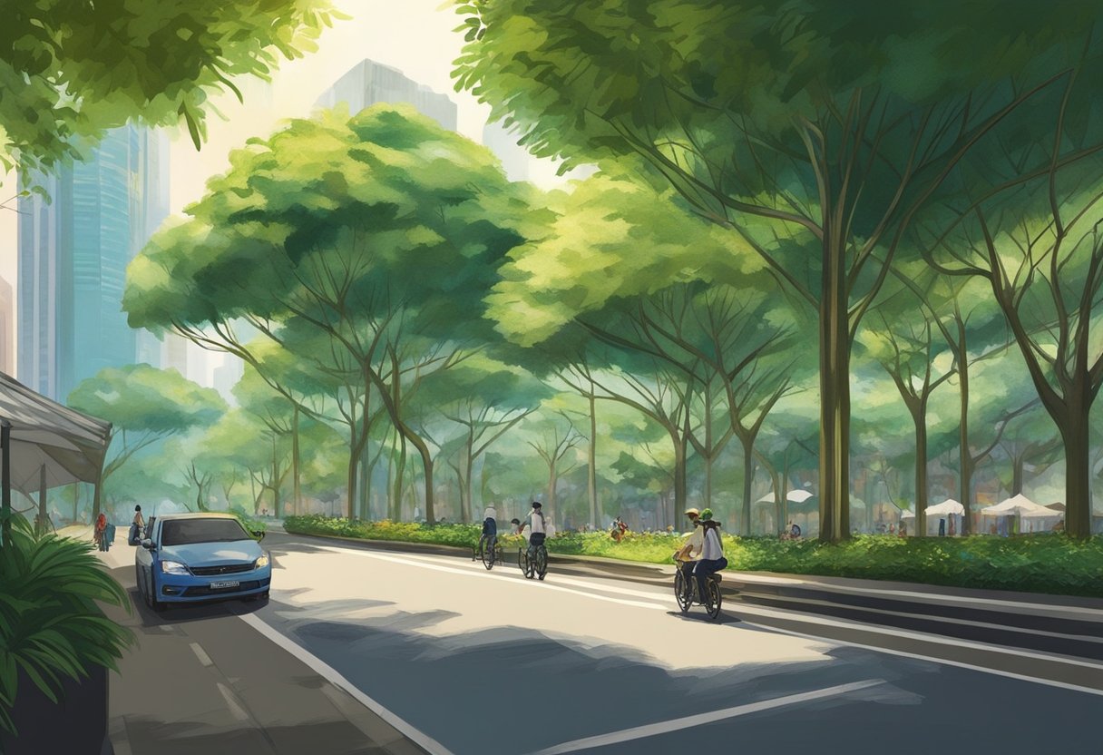 Tall, lush trees in Singapore sway gently in the breeze, their vibrant green leaves shimmering in the sunlight. The canopy provides a cool, shaded oasis in the midst of the bustling city