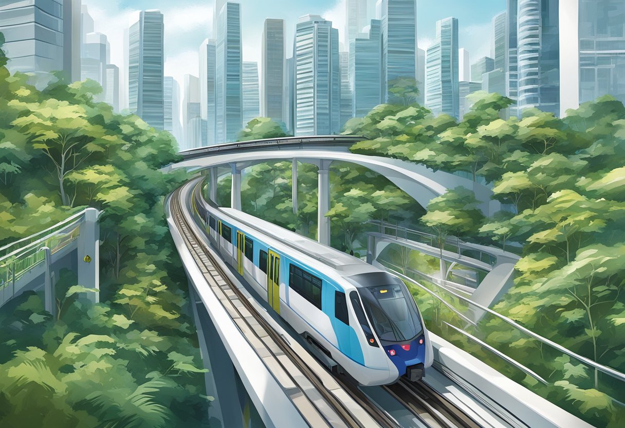 The Skytrain in Singapore glides along elevated tracks, passing through futuristic cityscapes and lush greenery