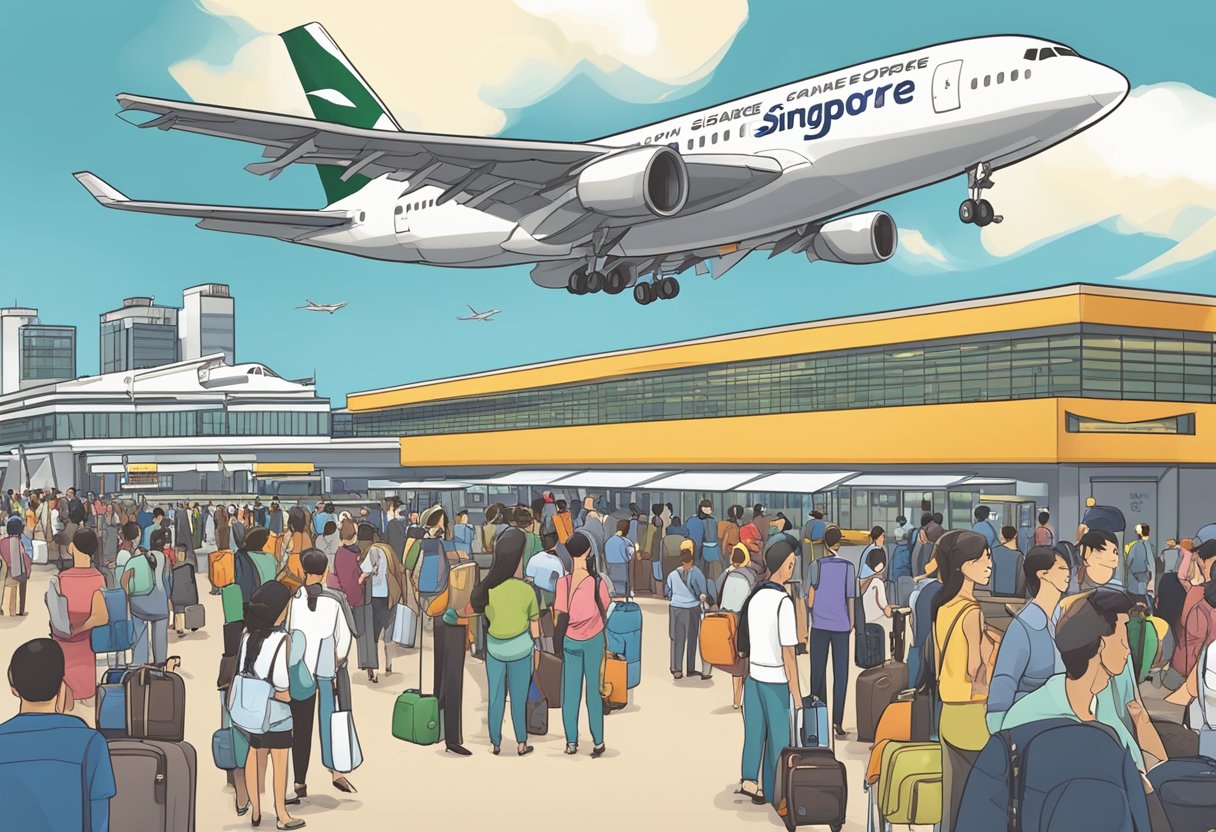 A bustling airport with planes on the runway, a departure board displaying "Singapore to Gold Coast," and travelers queuing at the check-in counters