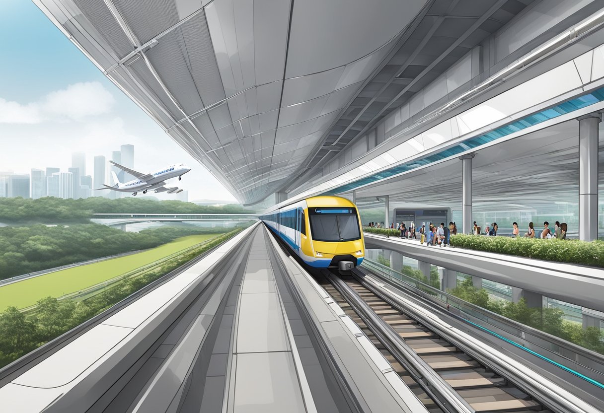 The Skytrain glides above the bustling Singapore Changi Airport, connecting terminals with sleek, modern design and panoramic views