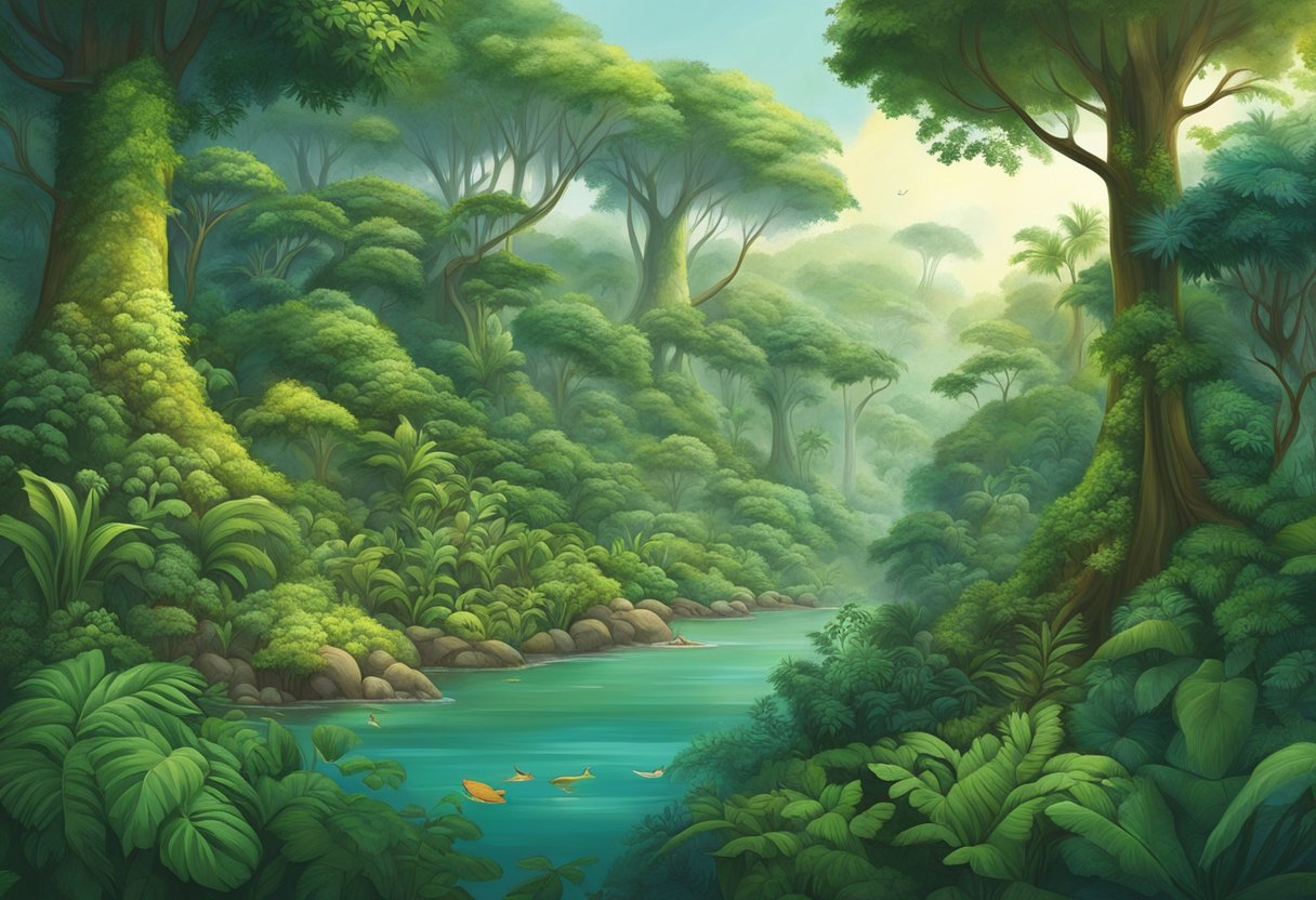 A lush forest in Singapore showcases a diverse array of tree species, from towering tropical giants to delicate flowering plants