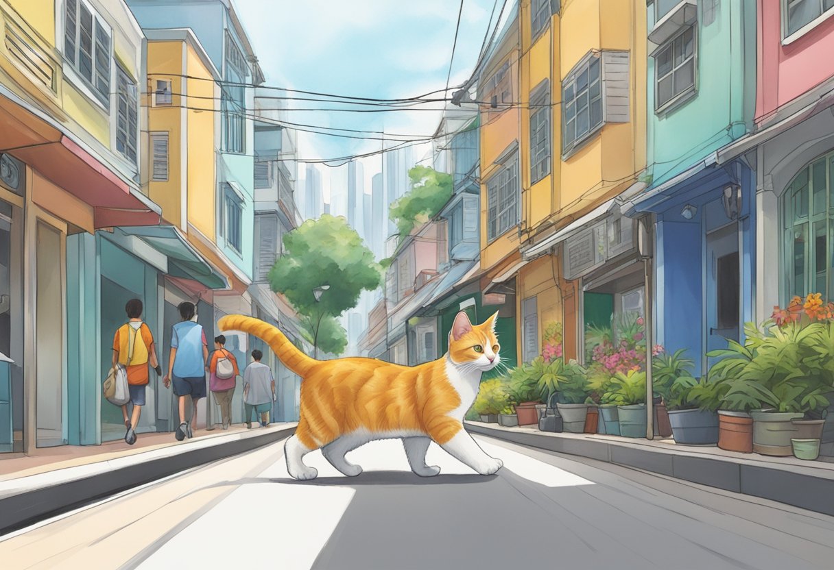 A cat wearing safety shoes walks through a bustling street in Singapore