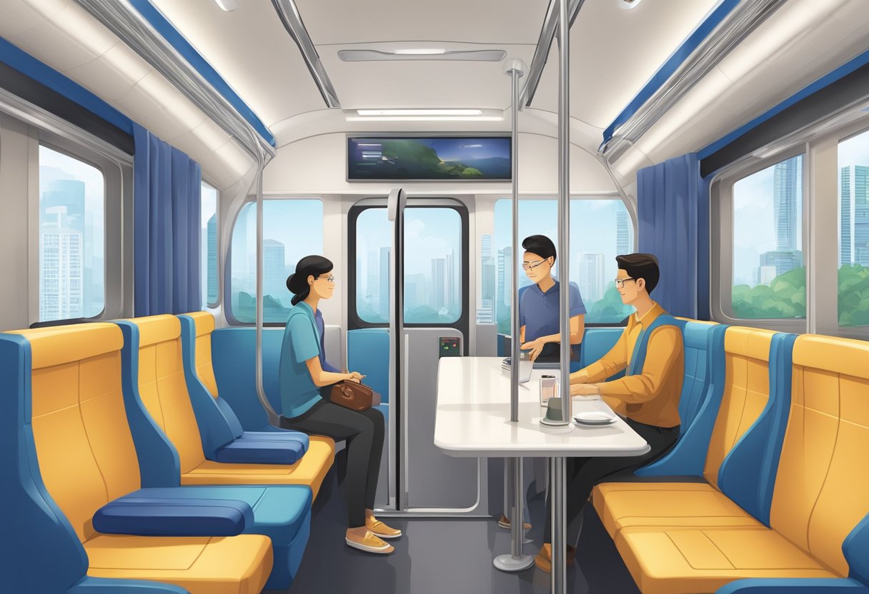 Passengers enjoy spacious seating, clean interiors, and modern amenities aboard the Skytrain in Singapore. The sleek design and comfortable atmosphere provide a pleasant travel experience