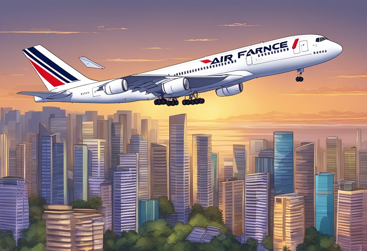 Air France plane flying over Singapore skyline at sunset
