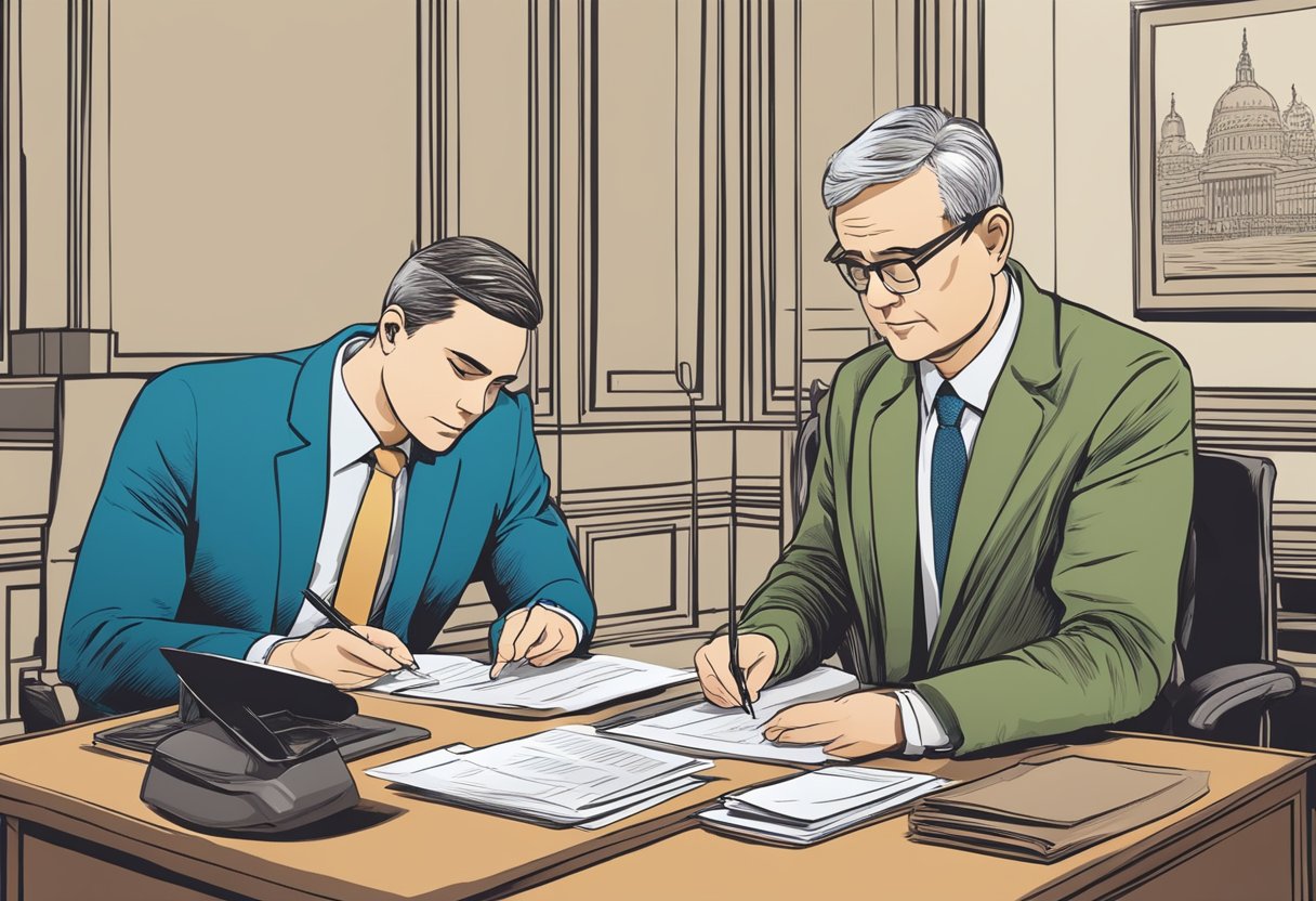 A person sitting at a desk, filling out forms with a pen, while a government official looks on and processes the paperwork