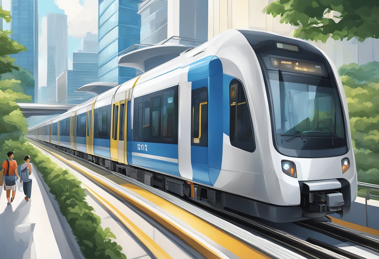 The Skytrain in Singapore moves smoothly on elevated tracks, passing through modern cityscapes and lush greenery, with passengers boarding and alighting at sleek stations