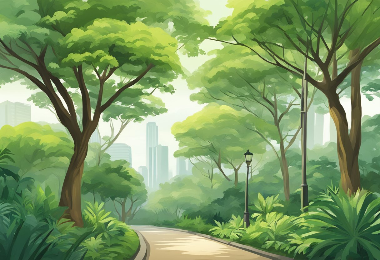 Lush green trees in a Singaporean park, with a focus on conservation and heritage