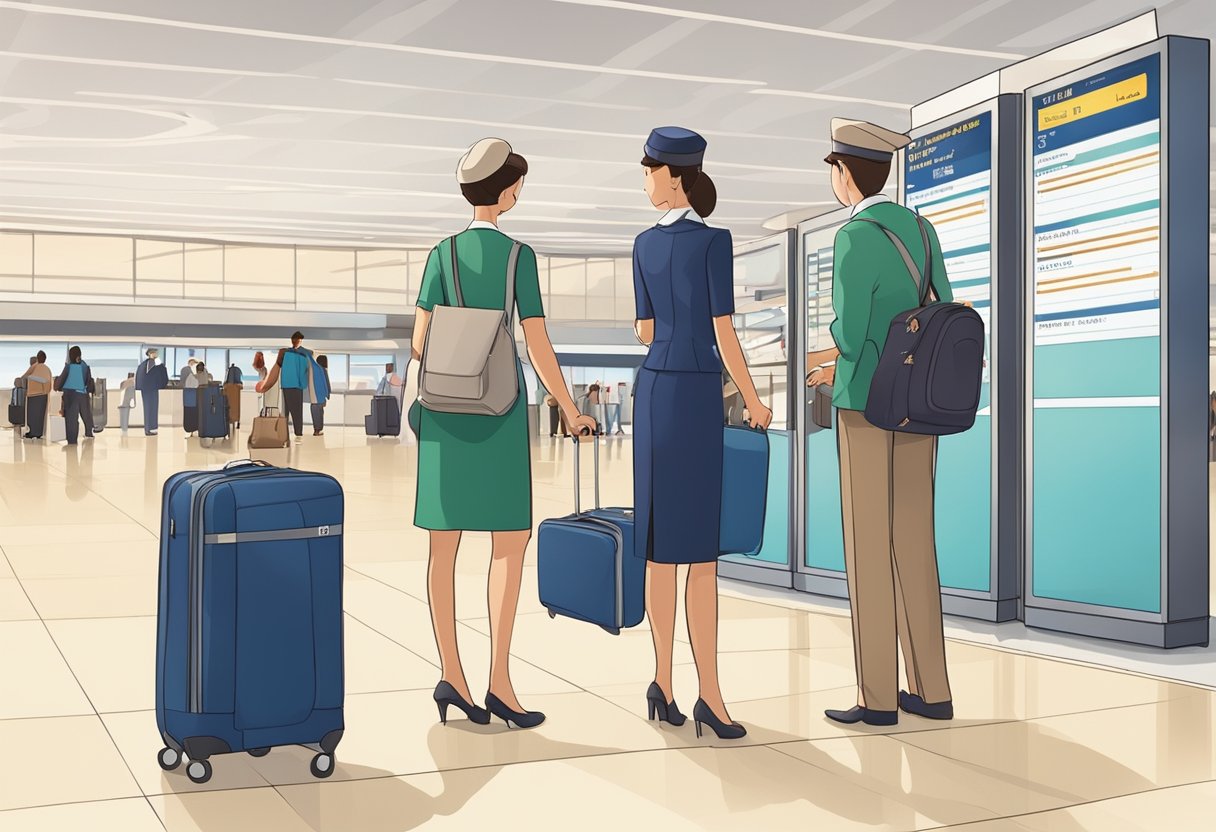 Passengers gather around a departure board at the airport, checking their flight details. A stewardess assists a family with their luggage as they prepare to board the Air France flight to Singapore