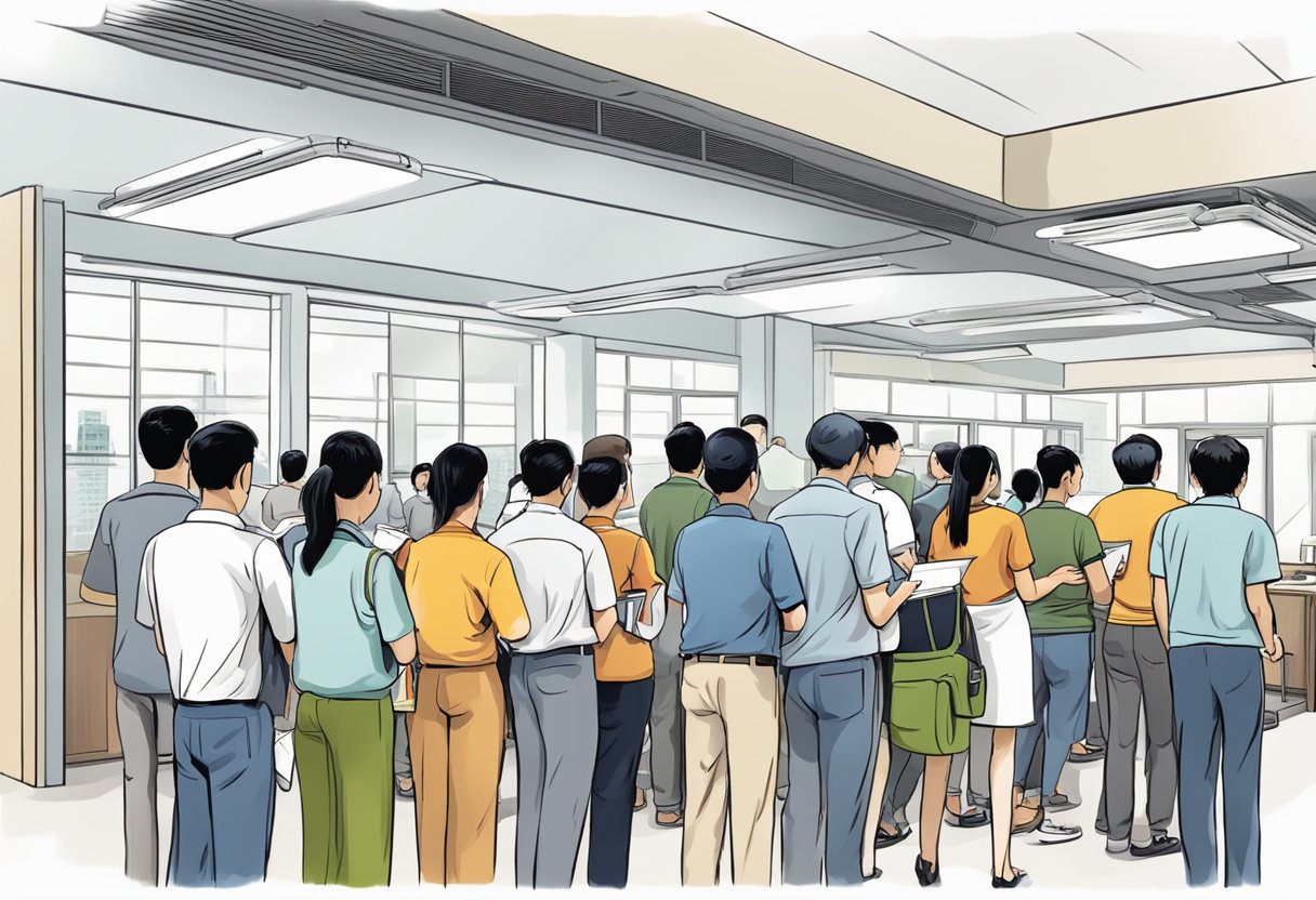 A line of people waiting at a government office, holding paperwork and looking at signs for "Frequently Asked Questions driving license Singapore."