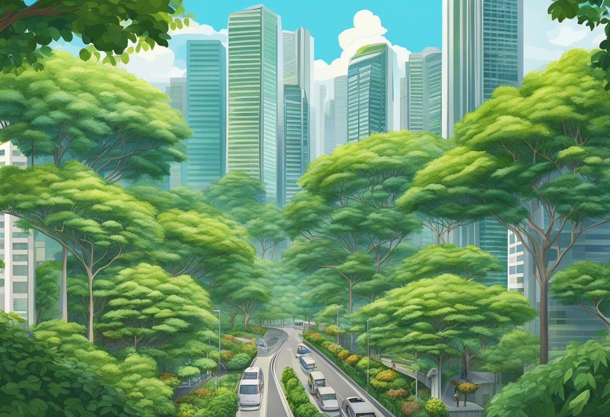 Lush green trees of various species fill the urban landscape of Singapore, providing shade and beauty amidst the bustling city