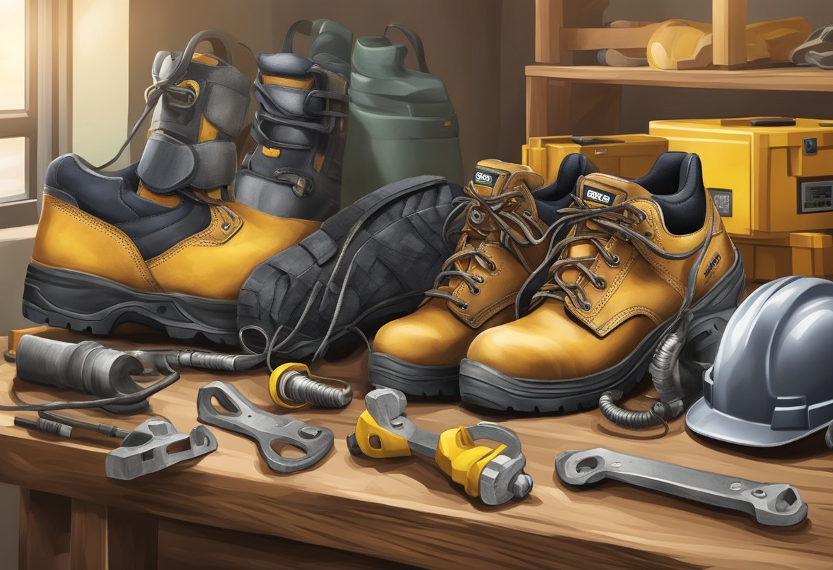 A sturdy pair of Cat Safety Shoes sits on a workbench, surrounded by industrial equipment and safety gear
