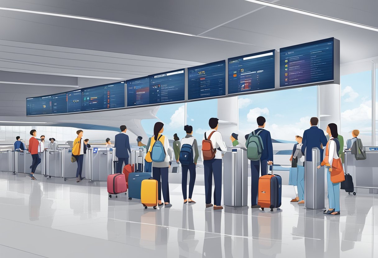 Air France Singapore FAQ: A sleek, modern airport terminal with Air France branding. A digital kiosk displaying FAQs. Passengers in line with luggage