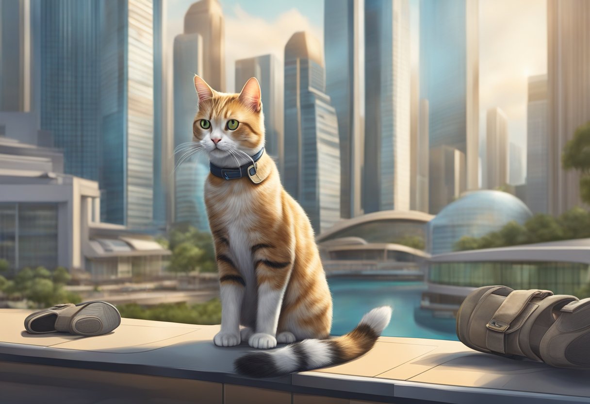 A cat wearing safety shoes in a modern Singapore setting with advanced technology features