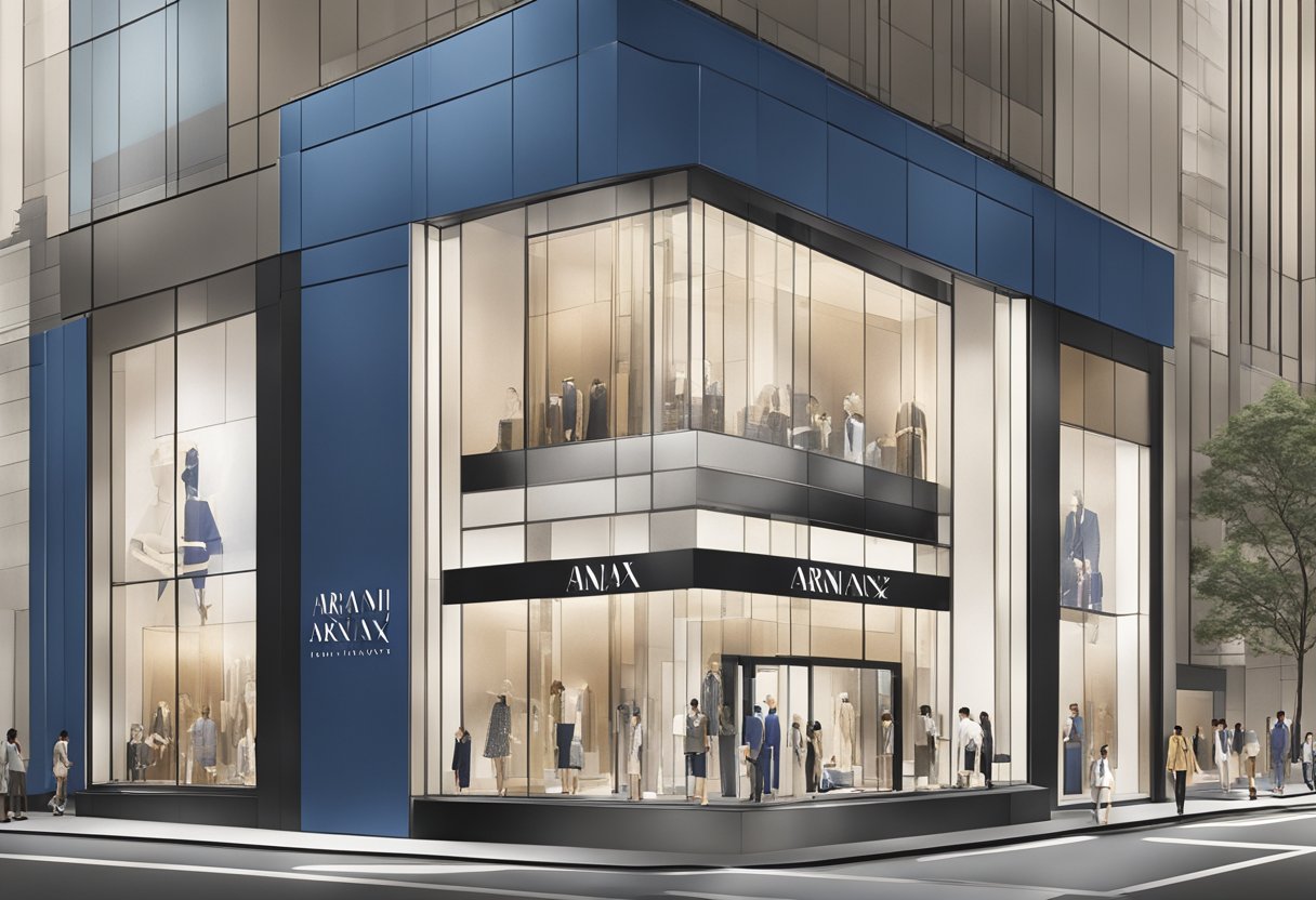 The bustling streets of Singapore surround the sleek, modern facade of the Armani Exchange store, with its bold logo and stylish window displays
