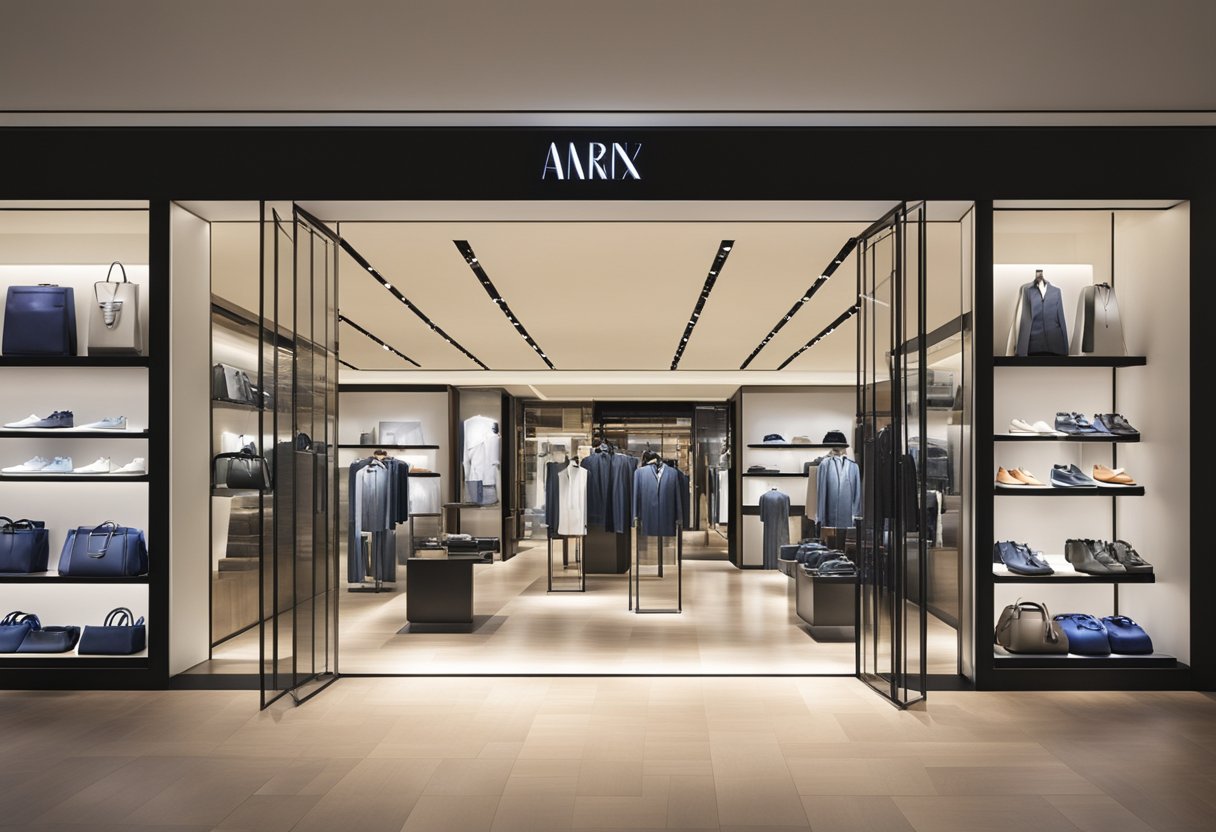 Bright lights illuminate sleek displays at Armani Exchange in Singapore. Shoppers browse stylish clothing and accessories in the modern, upscale store