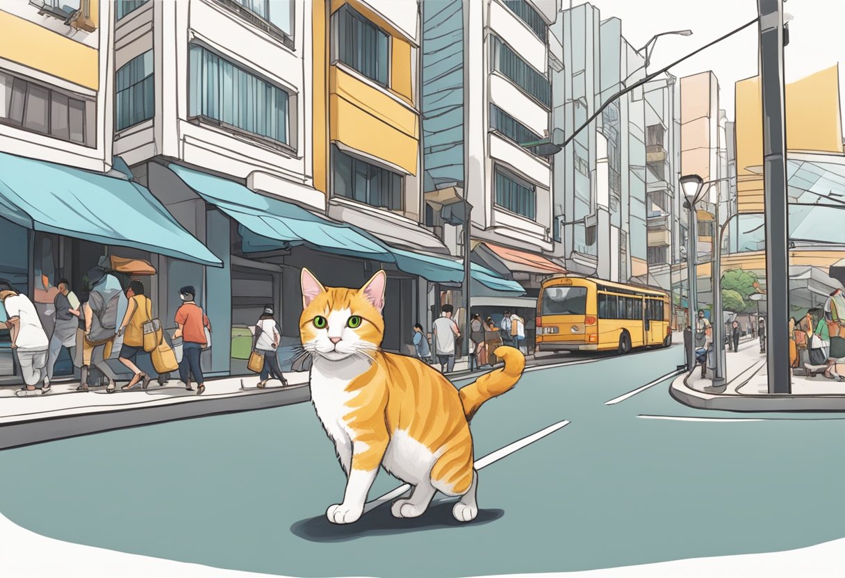 A cat wearing safety shoes in a bustling Singapore street
