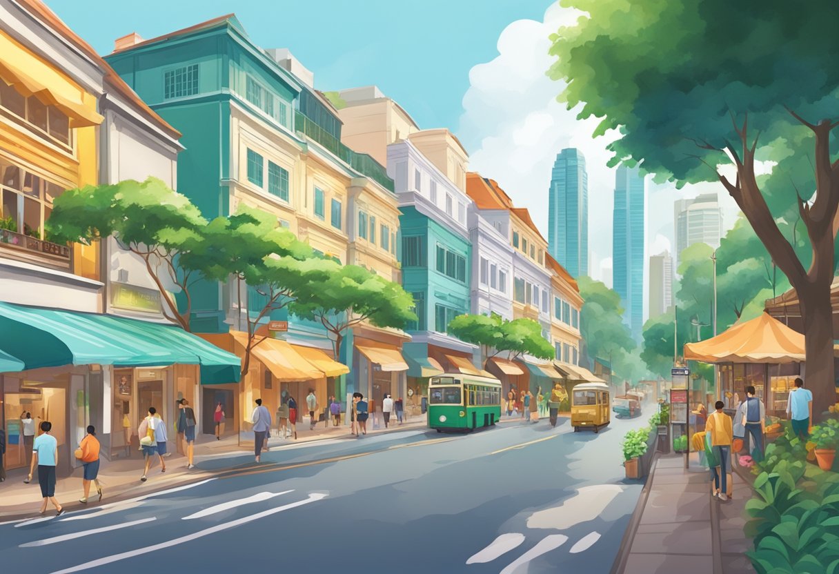 A bustling street in Singapore, with colorful shopfronts and iconic landmarks, surrounded by lush greenery and vibrant street life
