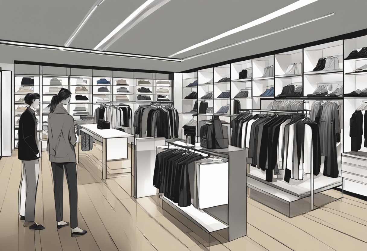 Customers browse racks of stylish clothing at Armani Exchange outlet, while sales associates assist with fitting and check-out. Bright, modern decor adds to the upscale shopping experience