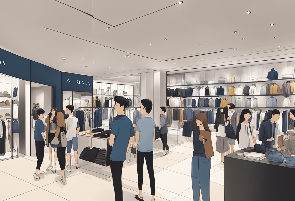A crowded Armani Exchange store in Singapore with customers browsing and staff assisting