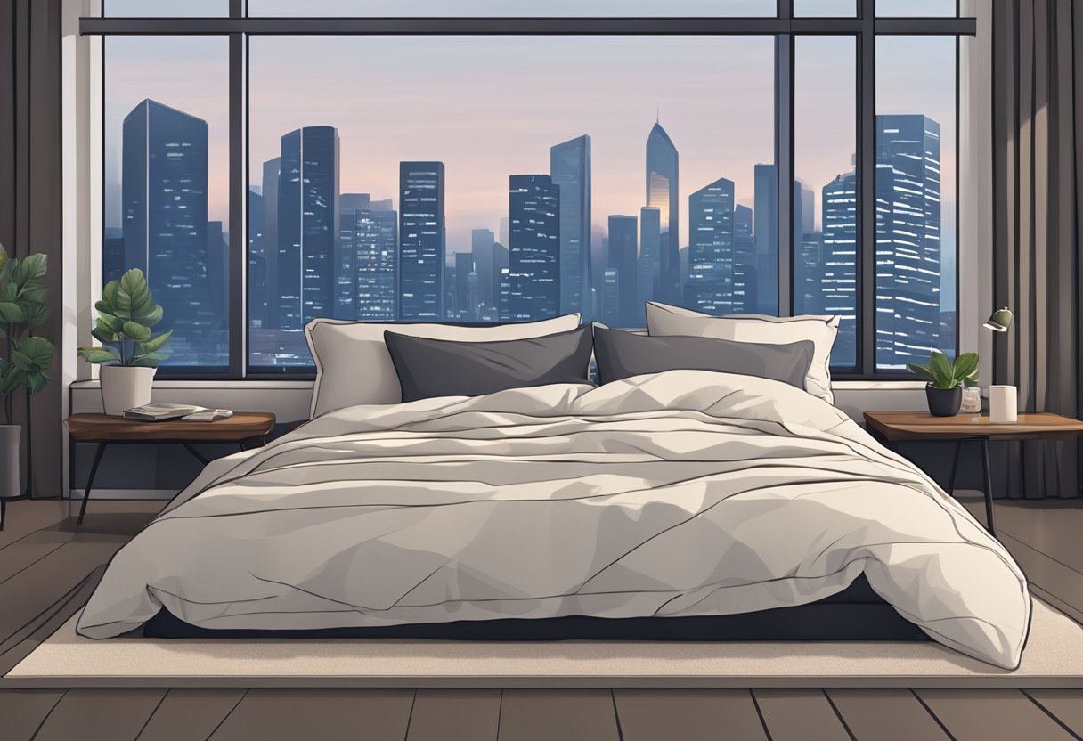 A neatly made bed with a plush duvet and pillows against a backdrop of a modern Singaporean skyline