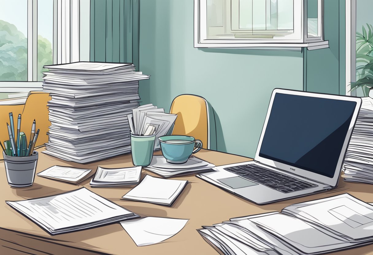 A table with a laptop, a stack of papers, and a pen. A sign with "Frequently Asked Questions pandora singapore" displayed prominently