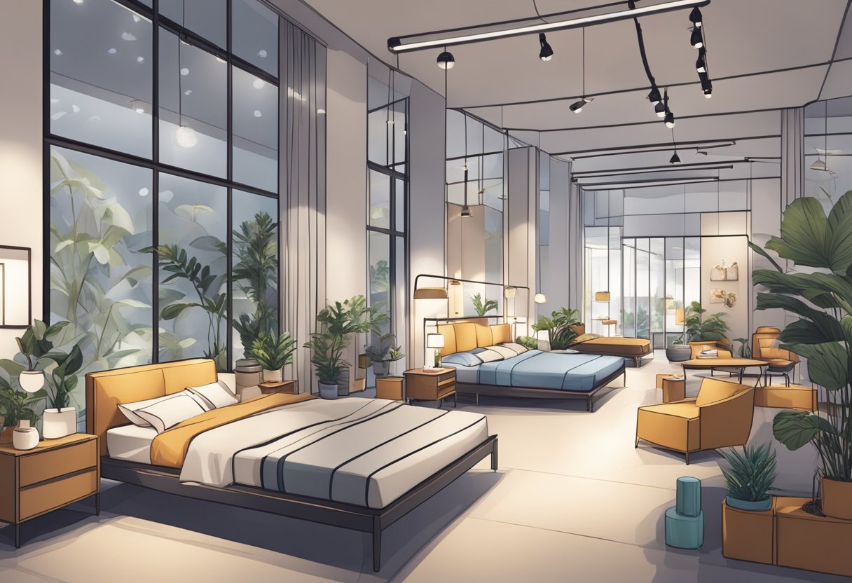 A couple browses through various beds in a modern furniture store in Singapore. The showroom is brightly lit, with beds of different styles and sizes on display