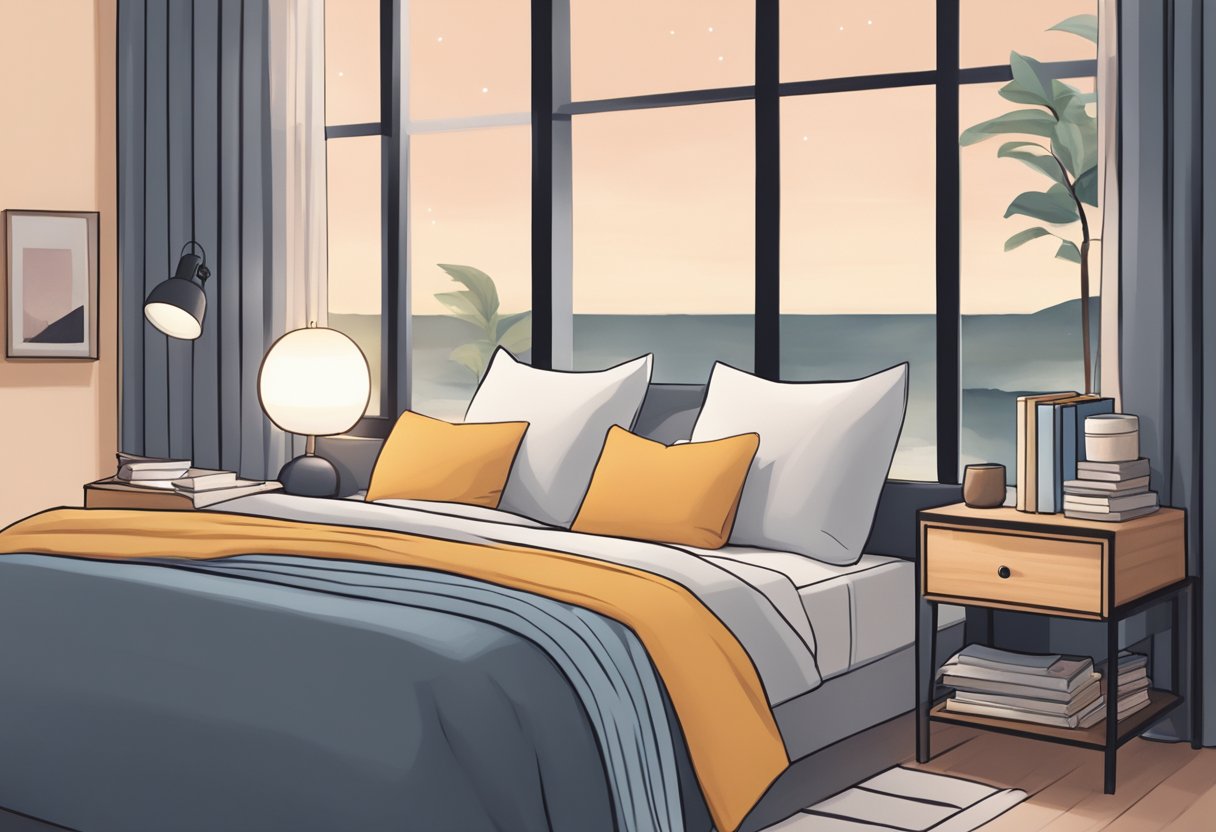 A cozy bed in a modern Singapore bedroom, with a stack of FAQs pamphlets on the nightstand