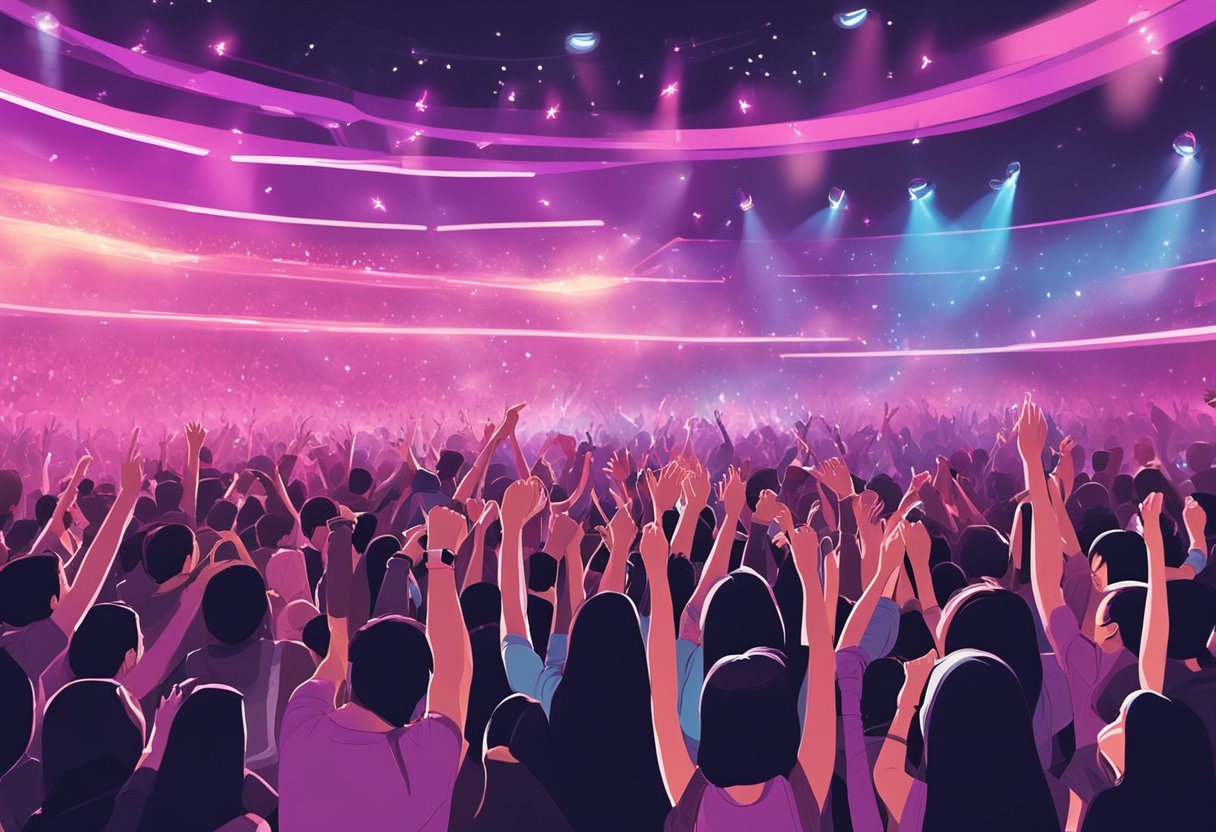 Crowd cheers as Blackpink performs on stage at the Singapore concert. Bright lights illuminate the energetic atmosphere
