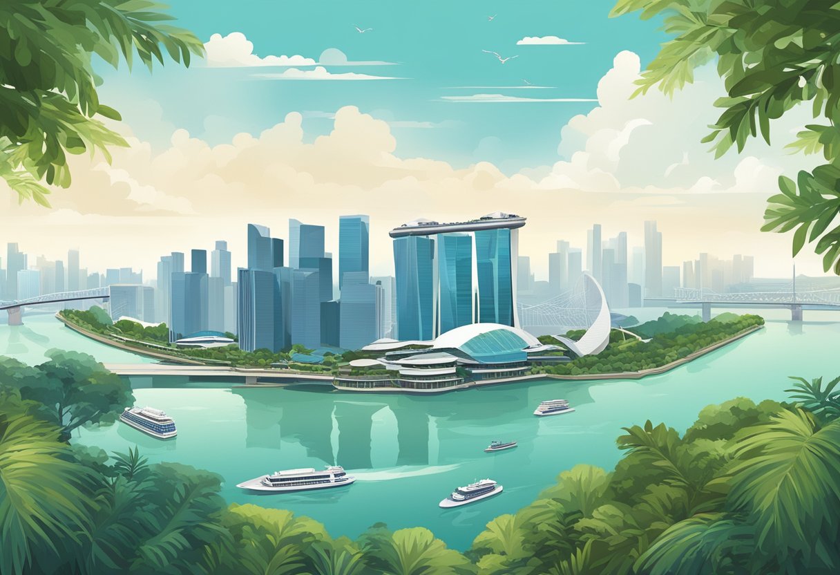 A bustling cityscape with modern skyscrapers, lush greenery, and a river cutting through the urban landscape. The iconic Marina Bay Sands and the Singapore Flyer can be seen in the distance