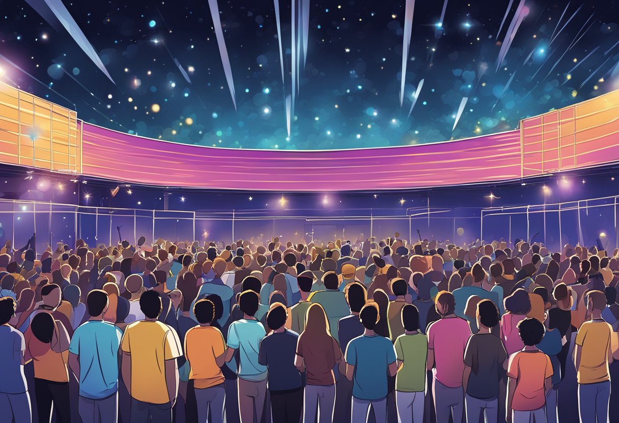 Fans gather outside the venue, eagerly awaiting the start of the concert. The night sky is illuminated by colorful lights, and the sound of excited chatter fills the air