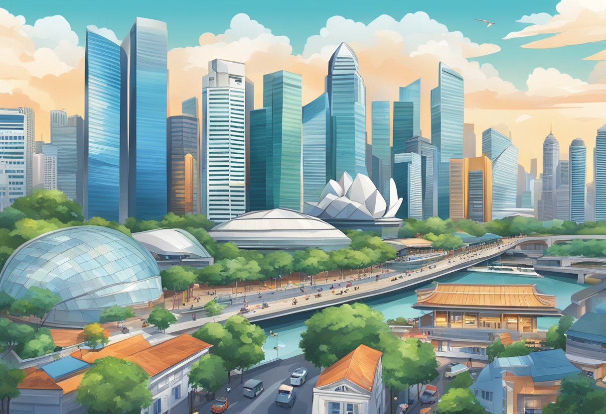 A bustling city skyline with iconic landmarks, modern architecture, and vibrant street life, capturing the energy and diversity of Singapore's financial district