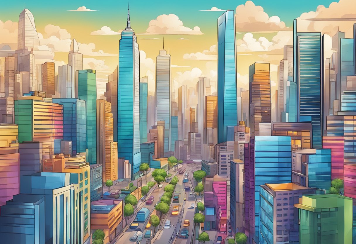A bustling cityscape with iconic landmarks and modern skyscrapers, showcasing a vibrant and dynamic urban environment