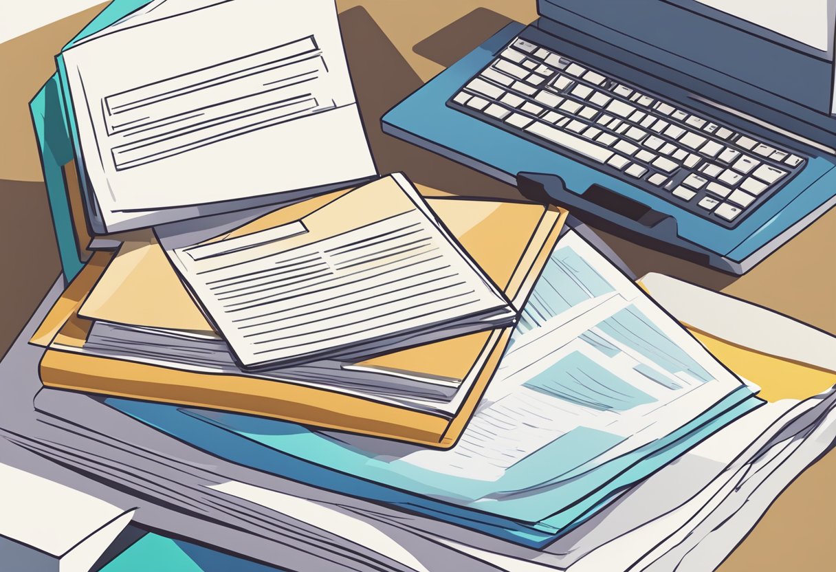 A stack of papers with "Frequently Asked Questions" printed on the top, surrounded by a computer, phone, and pen