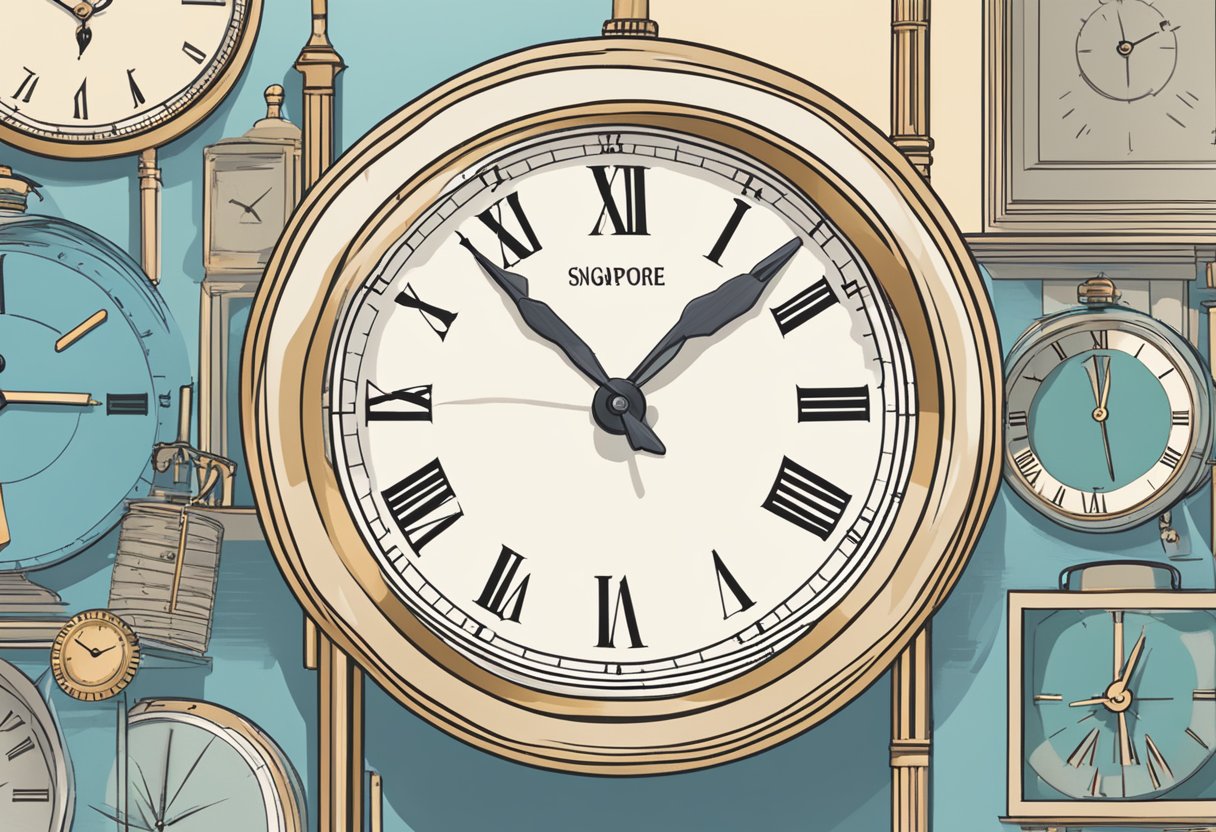 A clock displaying the time in both BST and Singapore time, with a list of frequently asked questions in the background