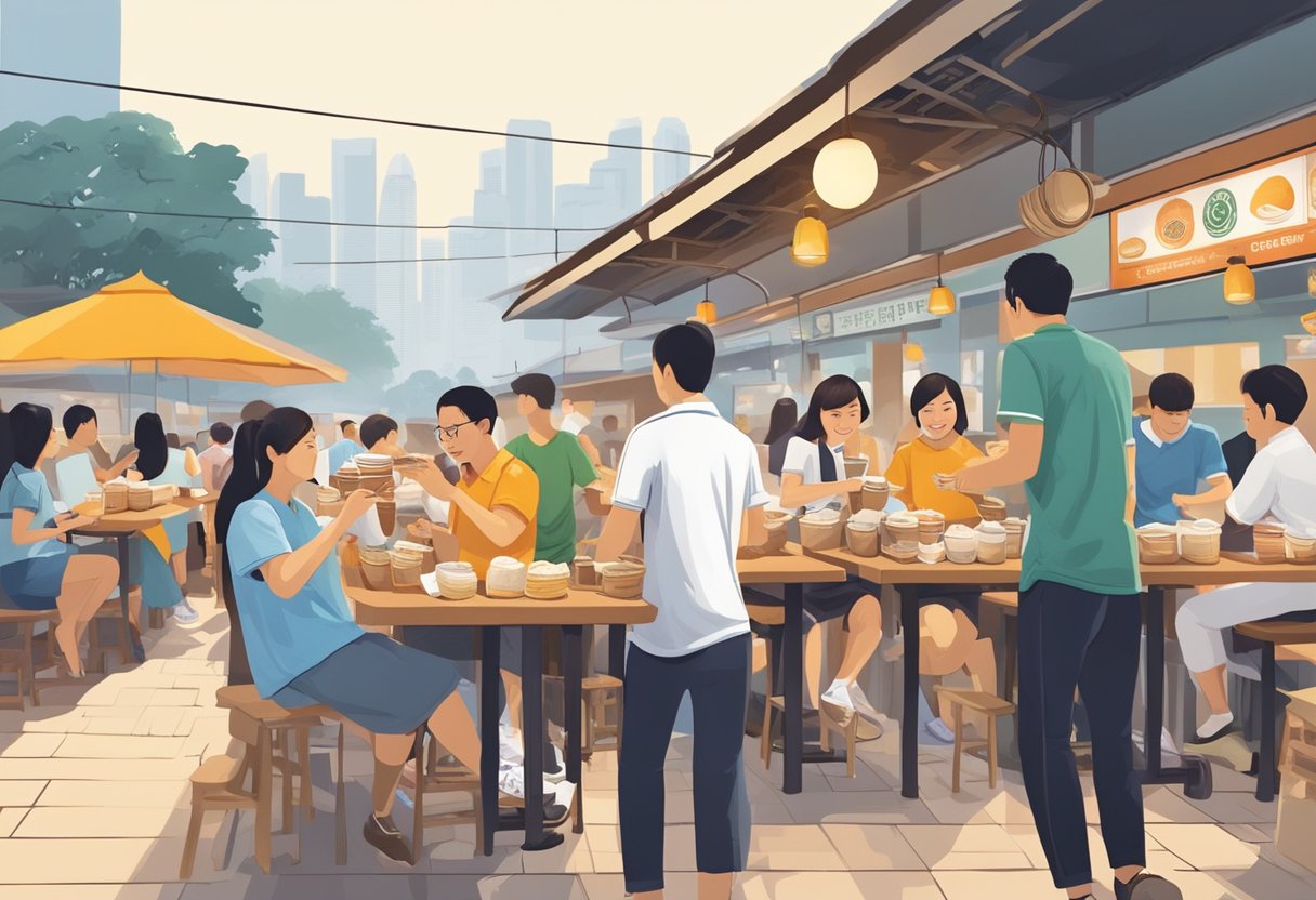 People savoring kaya toast and soft-boiled eggs at a bustling hawker center in Singapore. The aroma of coffee and the clinking of cutlery fill the air
