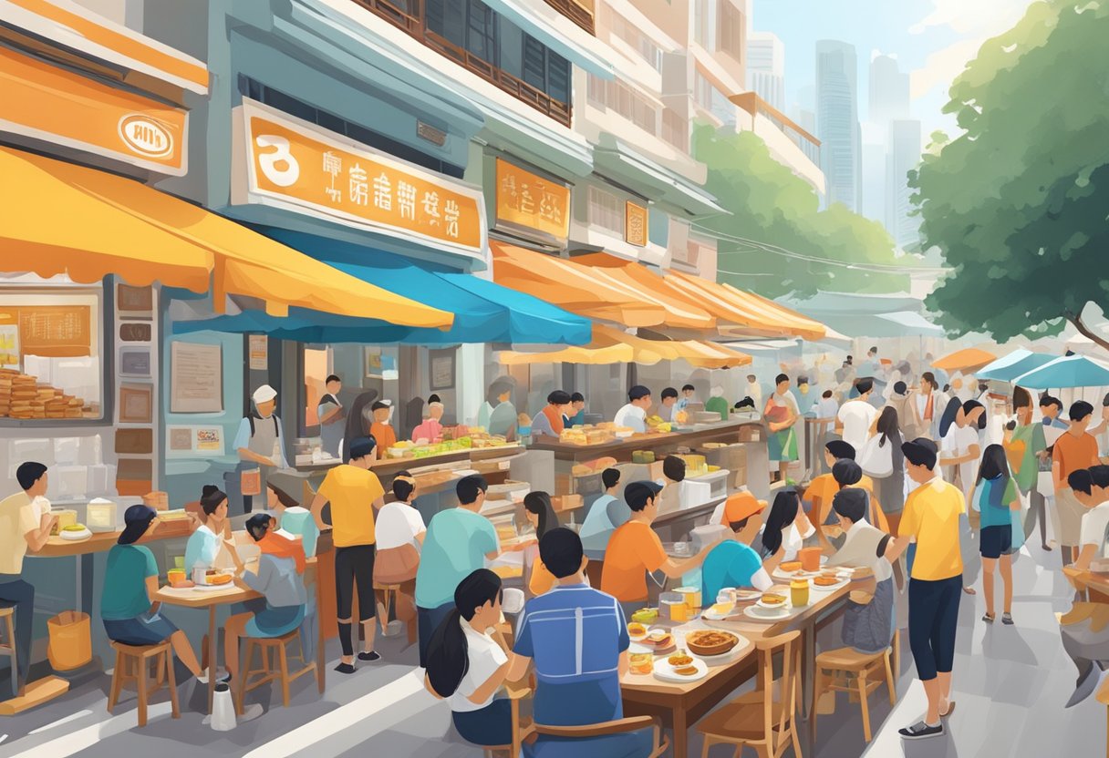 A bustling breakfast scene in Singapore, with colorful street food stalls and bustling cafes serving up local favorites like kaya toast and soft-boiled eggs