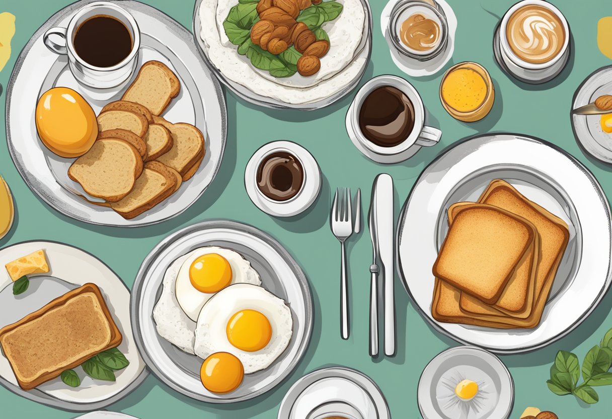 A table set with a variety of breakfast items, including toast, eggs, and coffee, with a sign reading "Frequently Asked Questions breakfast singapore" displayed prominently