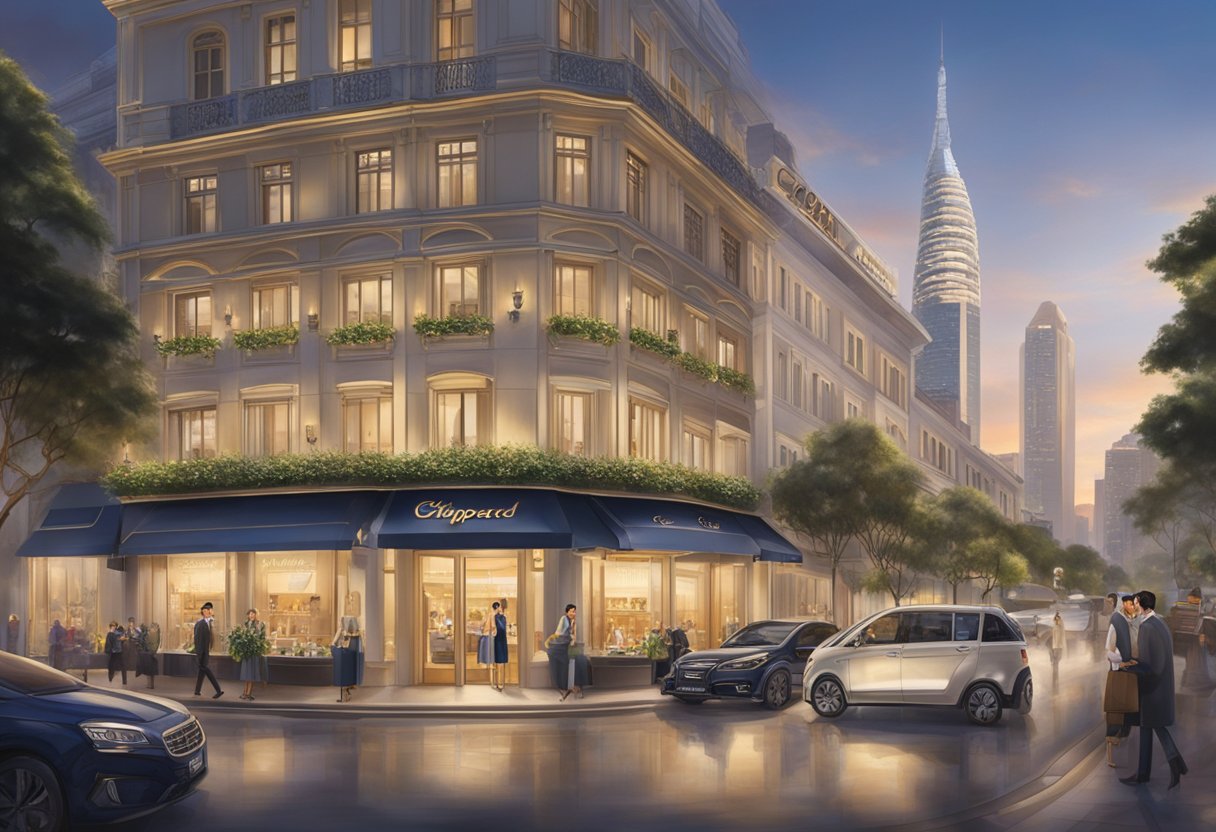 The iconic Chopard boutique in Singapore glows with warm, inviting light against the backdrop of a bustling cityscape