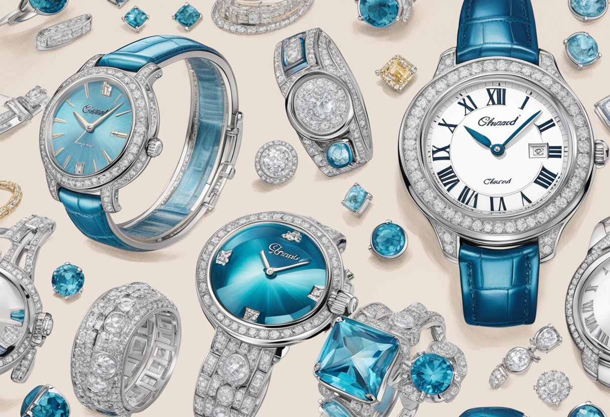 A luxurious display of Chopard's collections, showcasing elegant jewelry and watches in a sophisticated setting. Sparkling gems and intricate designs catch the eye