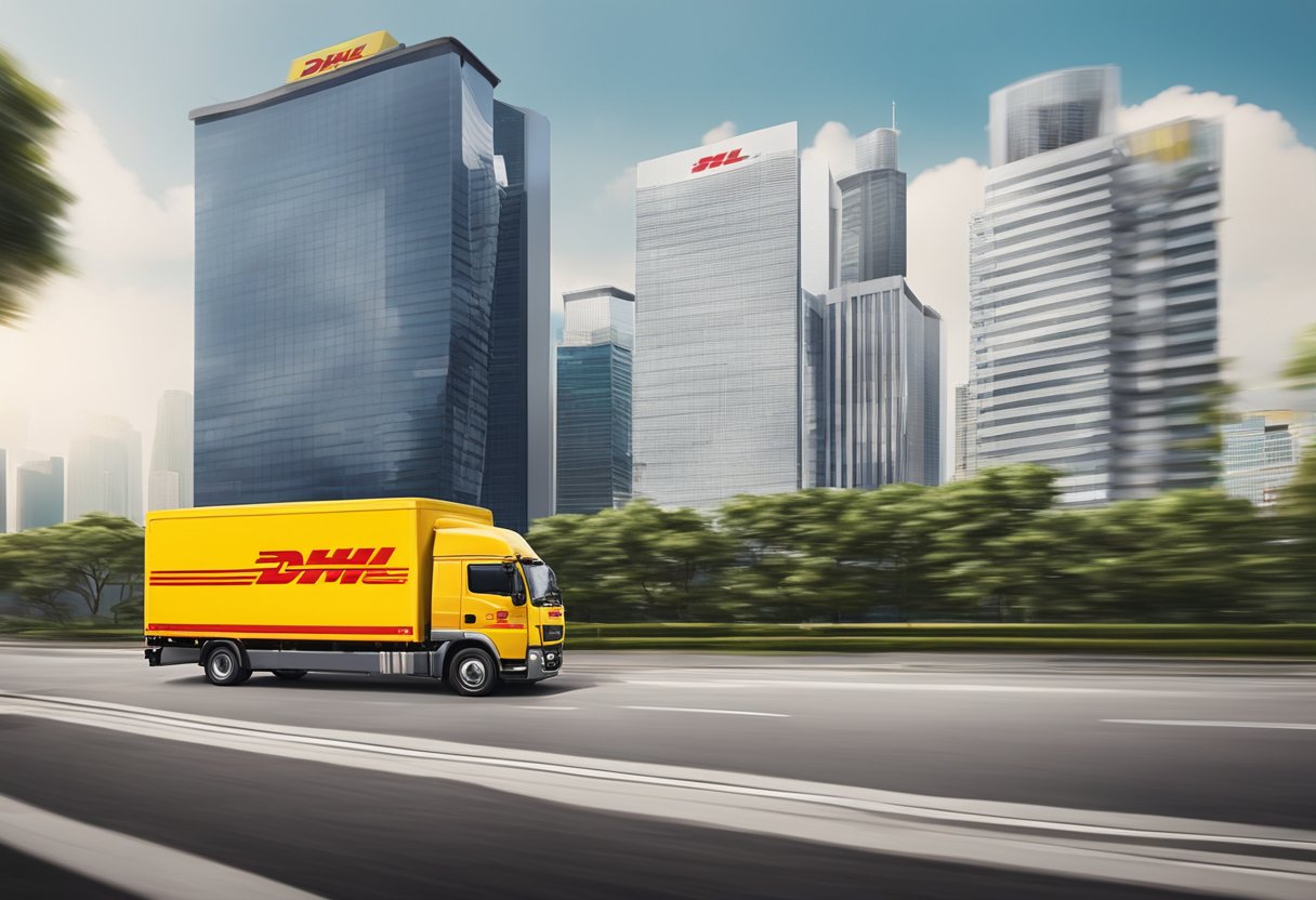 A DHL delivery truck pulls up to a modern office building in Singapore, with the iconic DHL logo prominently displayed on the side of the vehicle