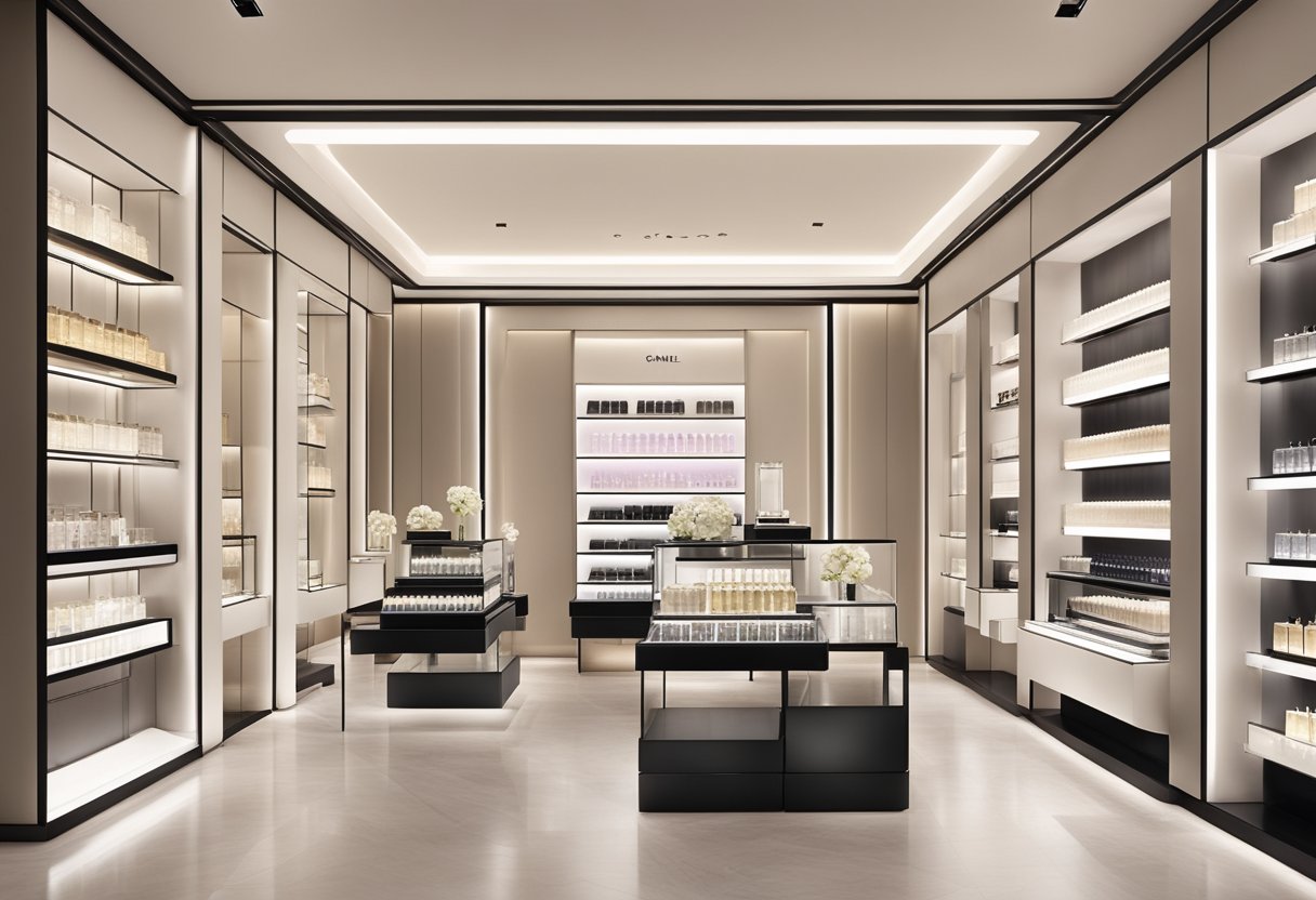A sleek, modern Chanel fragrance boutique in Singapore, with elegant displays and soft lighting showcasing the luxurious scents