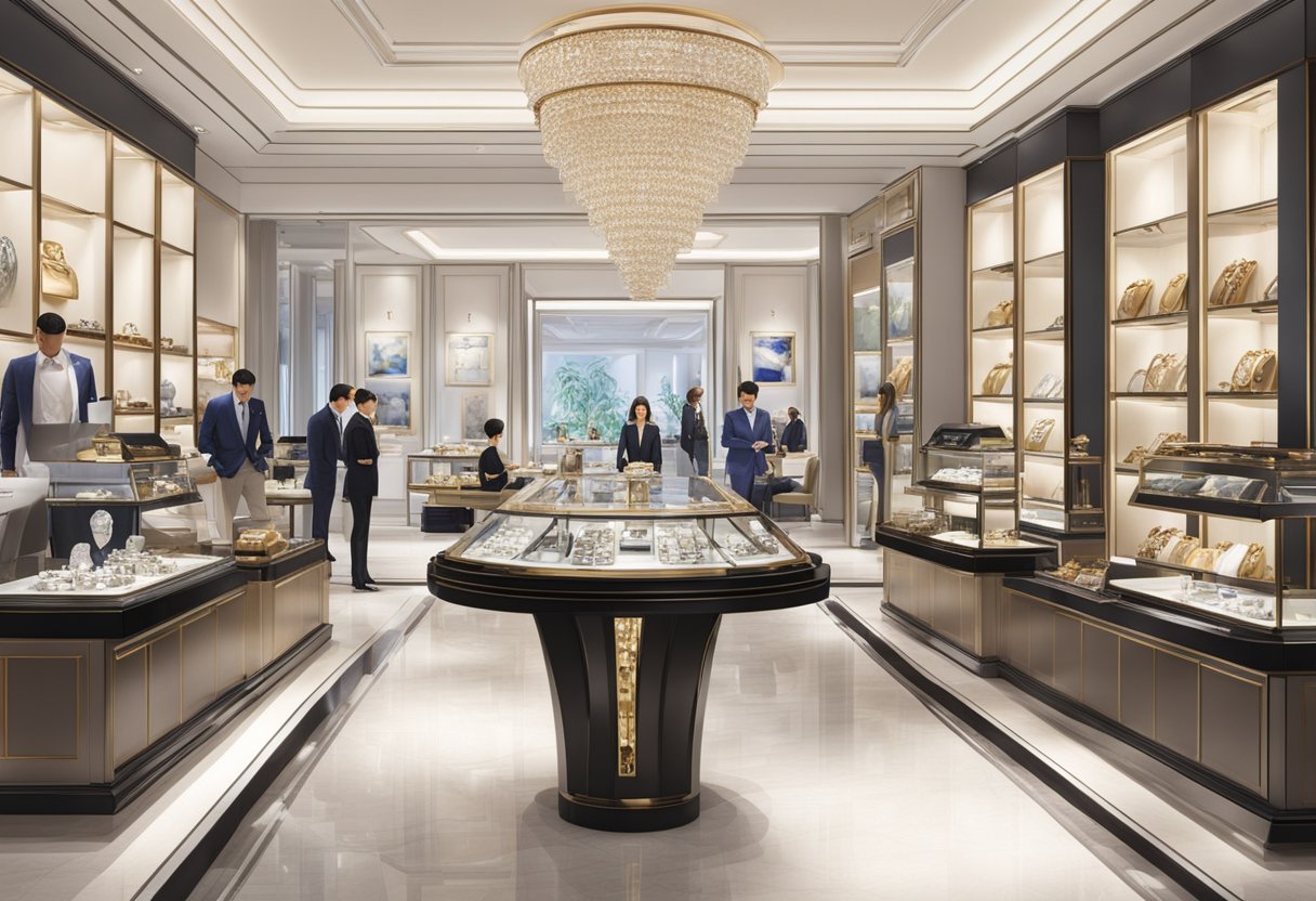 A table with a display of Chopard watches and jewelry, surrounded by customers and sales staff in a luxurious Singapore boutique