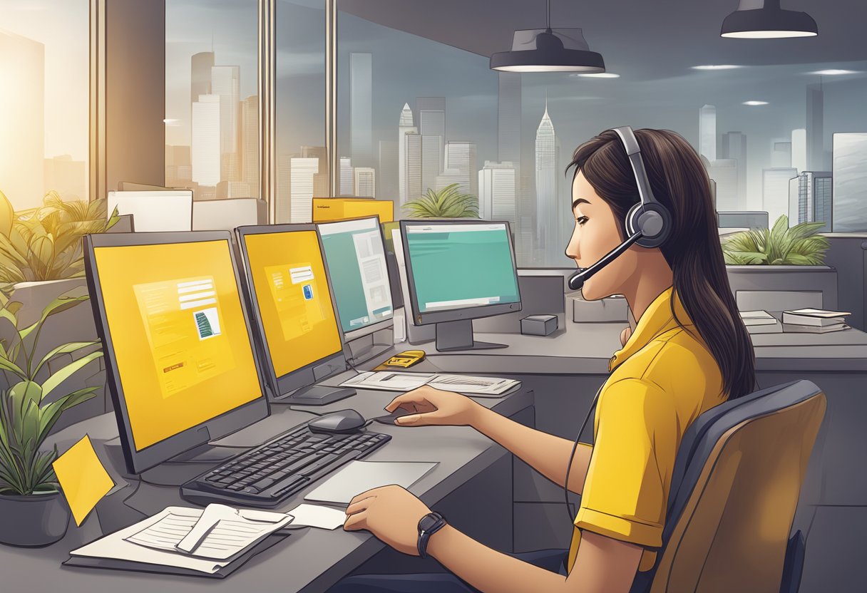 A customer support representative assists a client over the phone, while contact information for DHL Singapore is displayed prominently