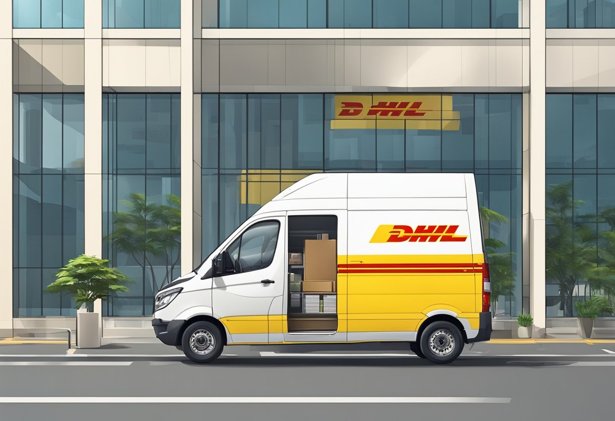 A DHL delivery van parked outside a modern Singapore office building, with a delivery person unloading packages onto a trolley
