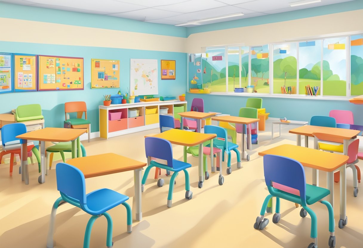 A classroom in a special education school in Singapore, with colorful educational materials on the walls and adaptive equipment for students with diverse needs