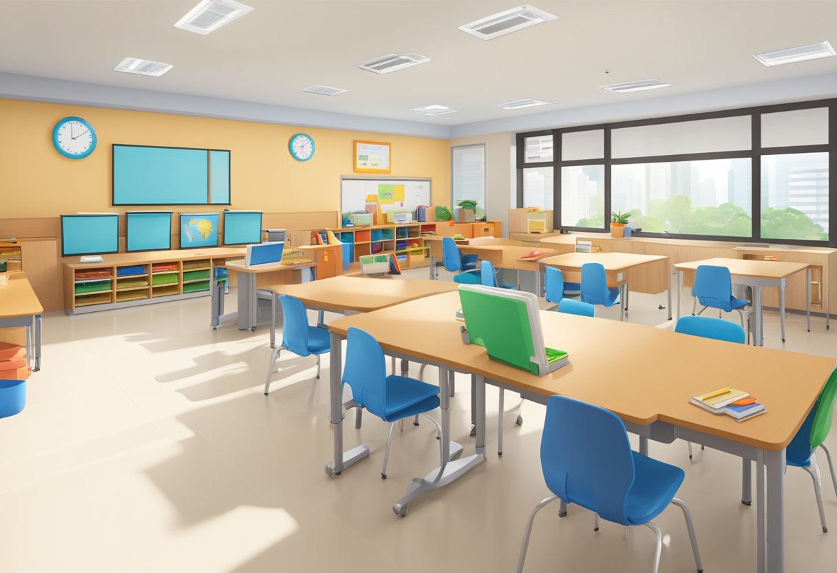 A classroom in a Singapore special education school, with diverse learning materials and adaptive technology