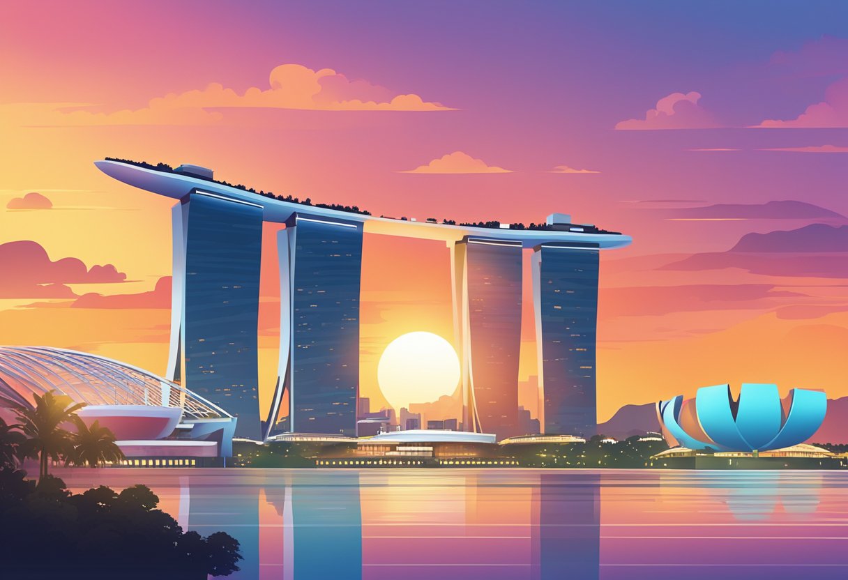 The iconic skyline of Singapore, with towering skyscrapers and the distinctive silhouette of the Marina Bay Sands, set against a backdrop of a vibrant sunset