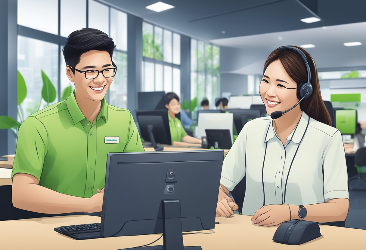 A customer service representative assists a customer with a smile at the StarHub Singapore service center