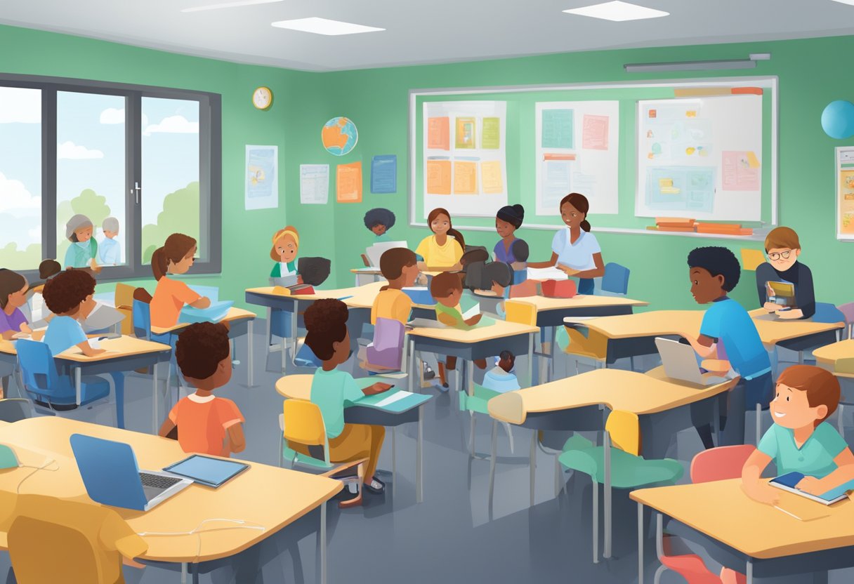 A classroom filled with diverse learning materials and adaptive technology, with teachers and aides providing individualized support to students with special needs